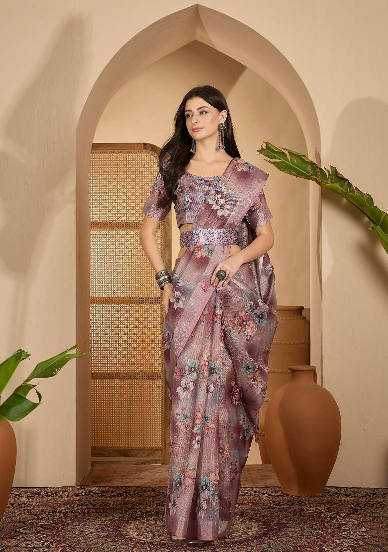 Dusty Pink Printed Linen Saree Set for Diwali and Festive Wear - Indya