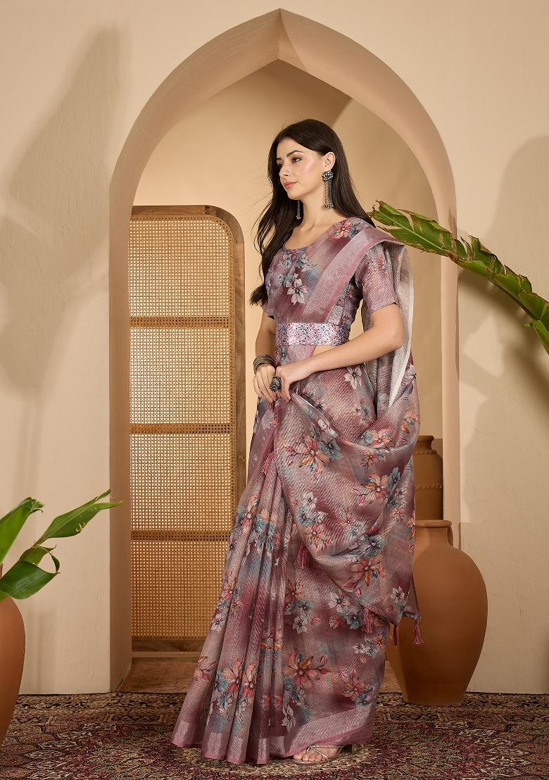 Dusty Pink Printed Linen Saree Set - Indya