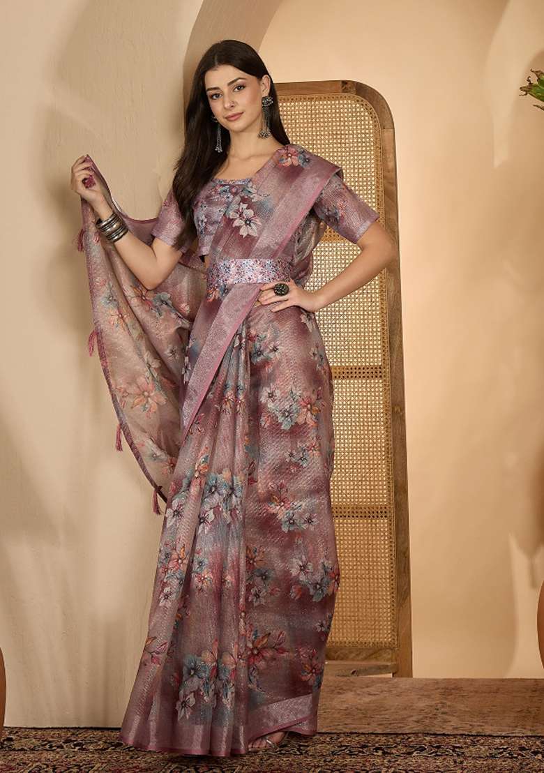 Dusty Pink Printed Linen Saree Set for Diwali and Festive Wear - Indya