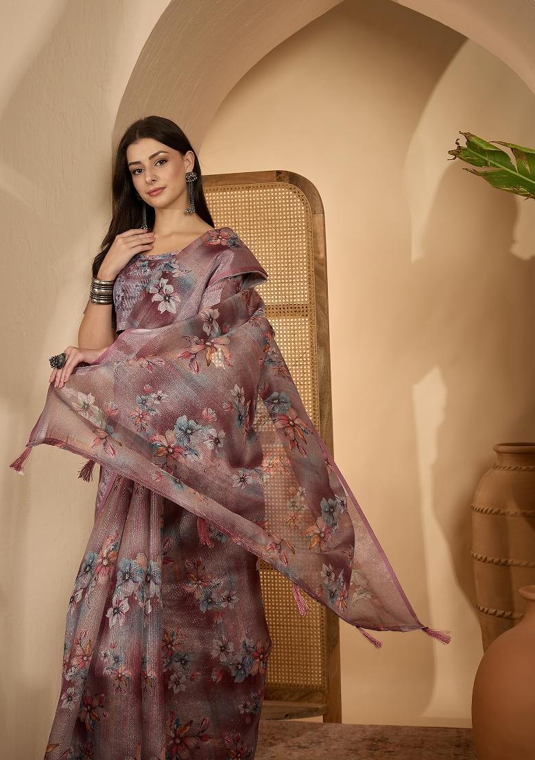 Dusty Pink Printed Linen Saree Set - Indya