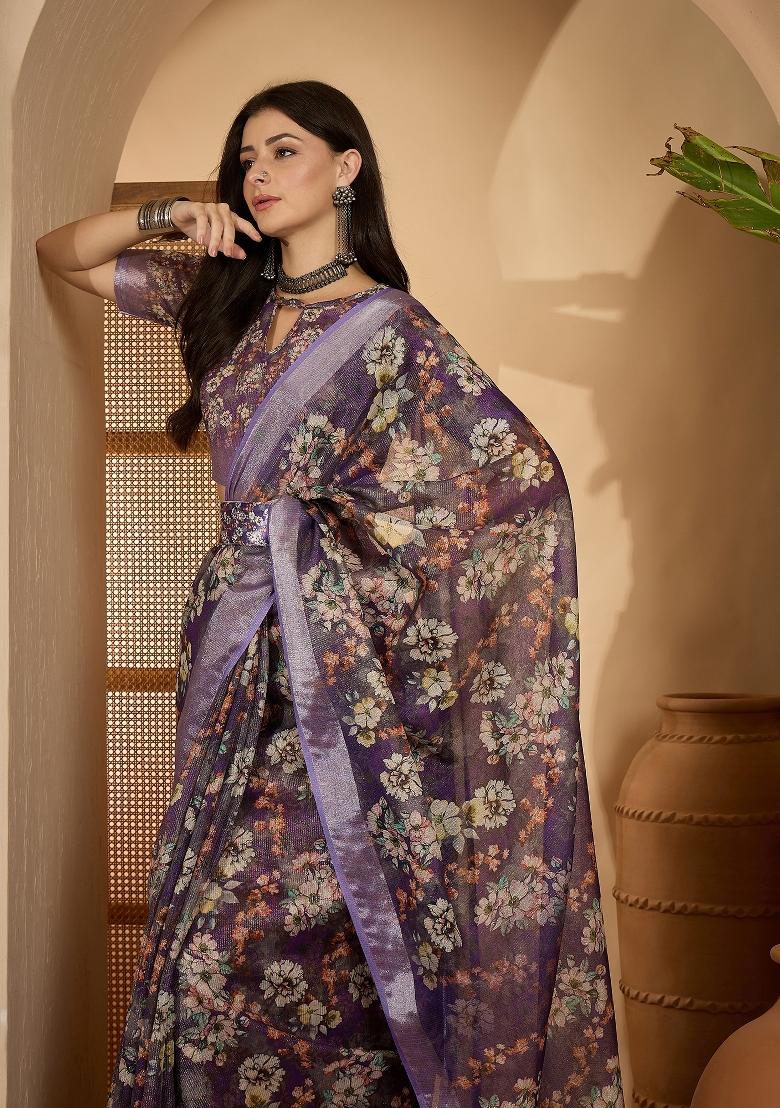 Purple Printed Linen Saree Set - Indya