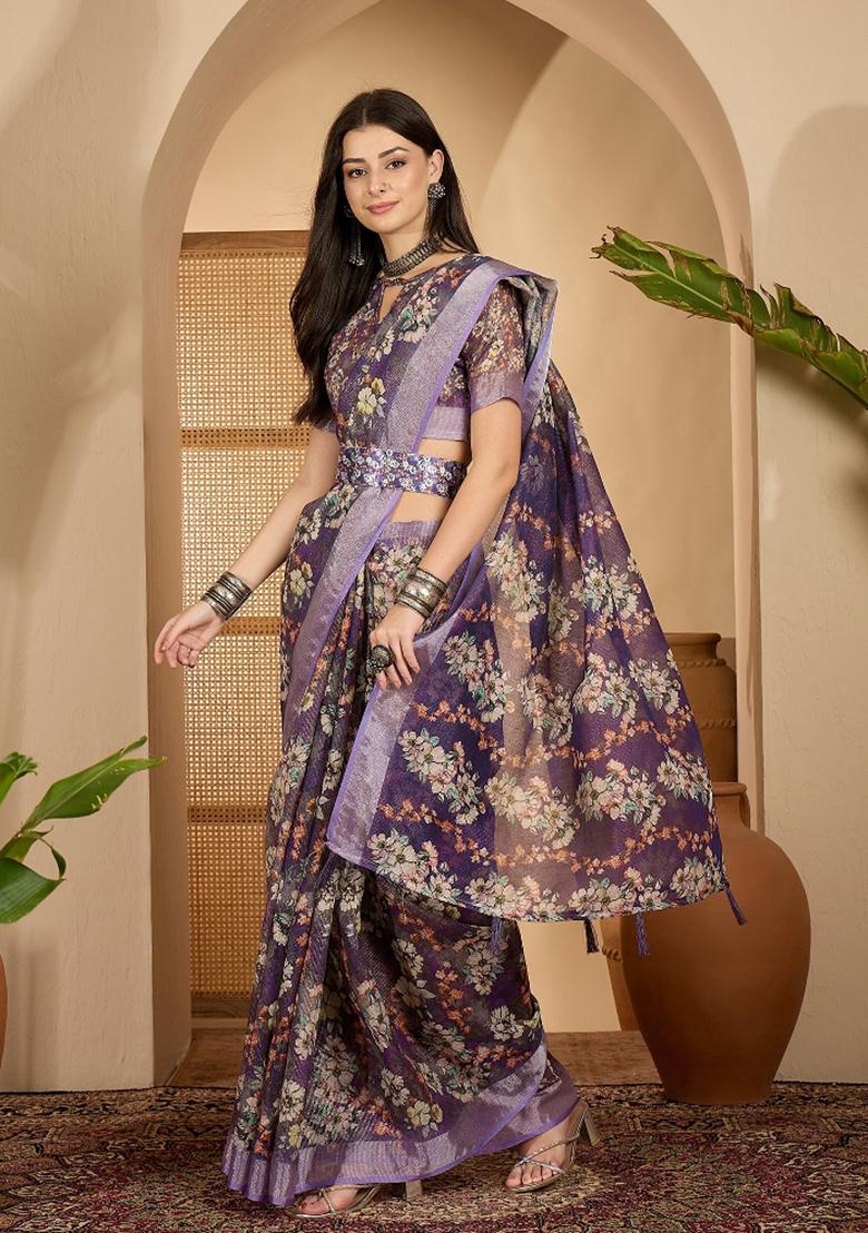 Purple Printed Linen Saree Set - Indya