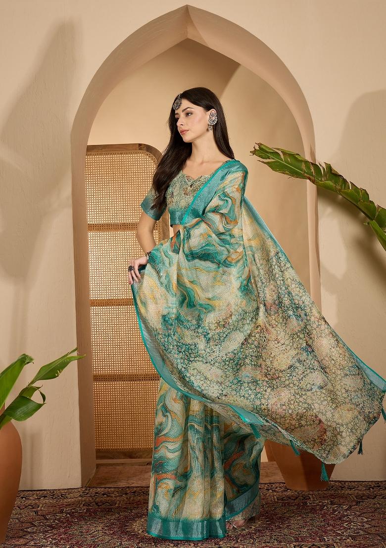 Teal Printed Linen Saree Set - Indya