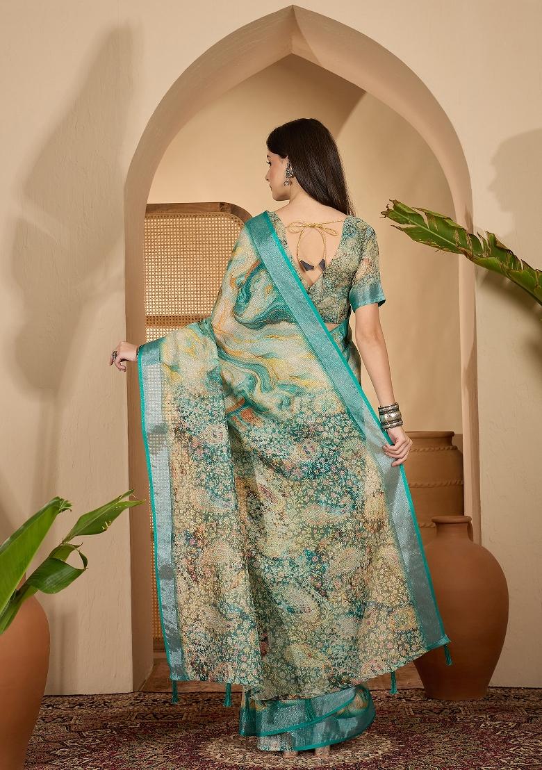 Teal Printed Linen Saree Set - Indya