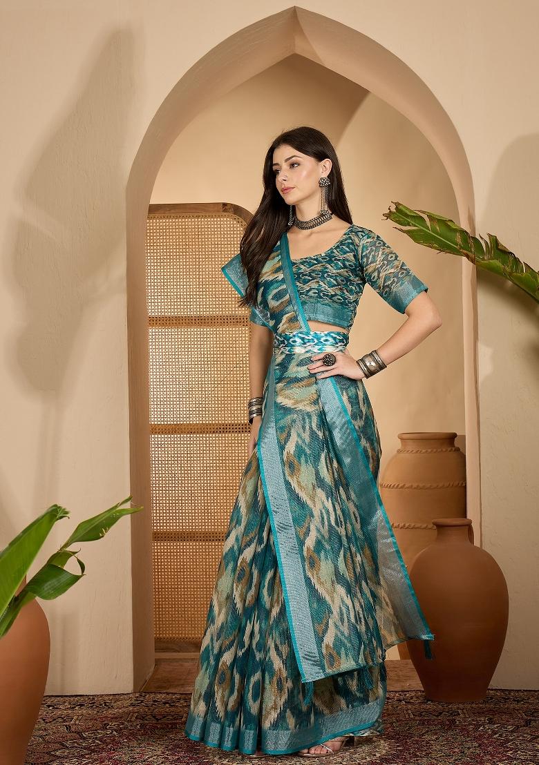 Teal Printed Linen Saree Set - Indya