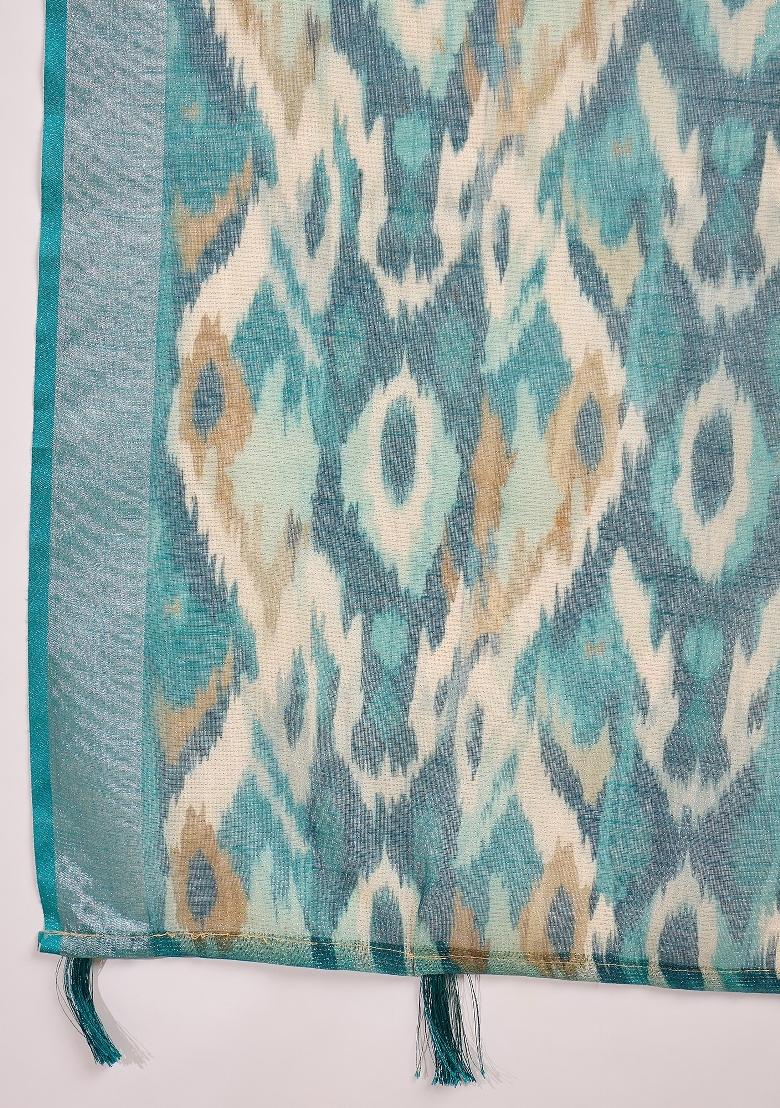 Teal Printed Linen Saree Set - Indya