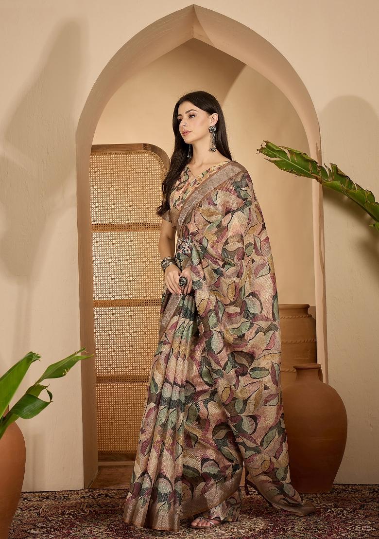 Beige Printed Linen Saree Set - Indya