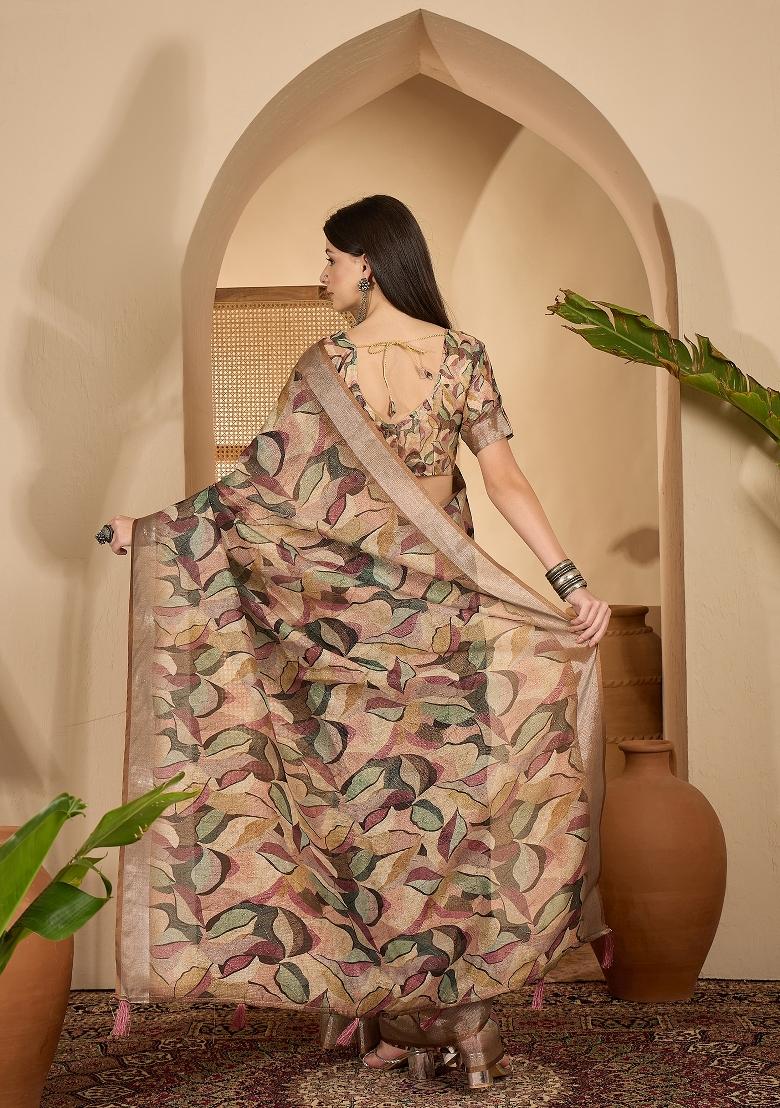 Beige Printed Linen Saree Set - Indya