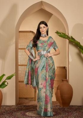 Mint Green Printed Linen Saree Set