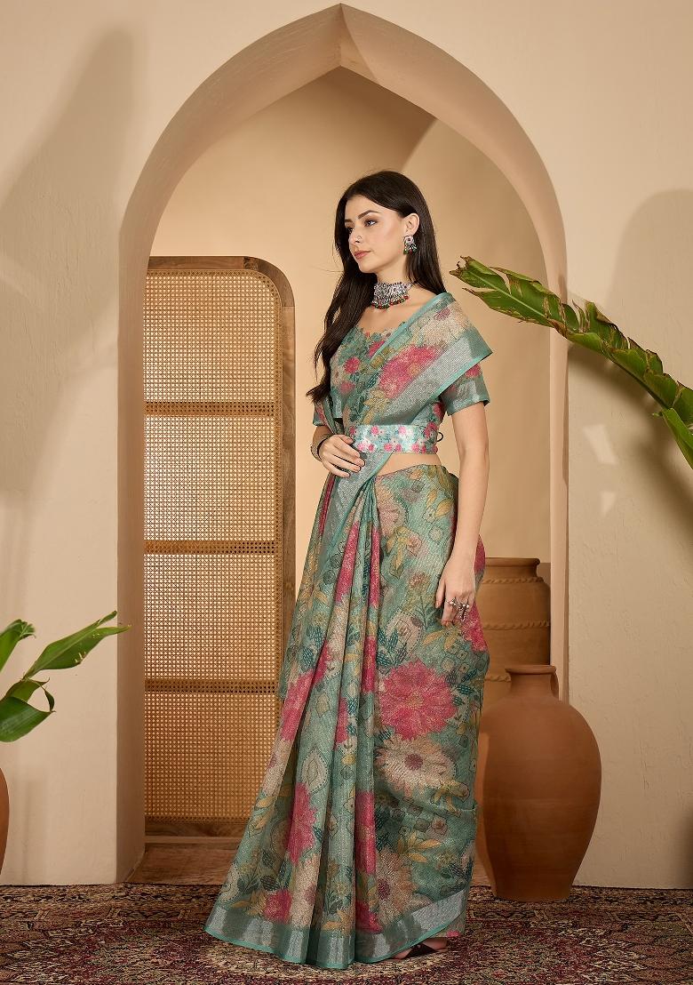 Mint Green Printed Linen Saree Set - Indya
