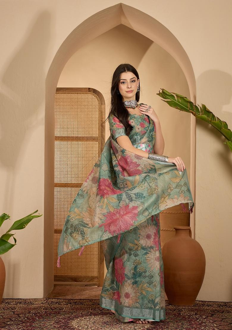 Mint Green Printed Linen Saree Set - Indya
