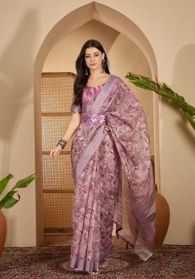Lavender Printed Linen Saree Set