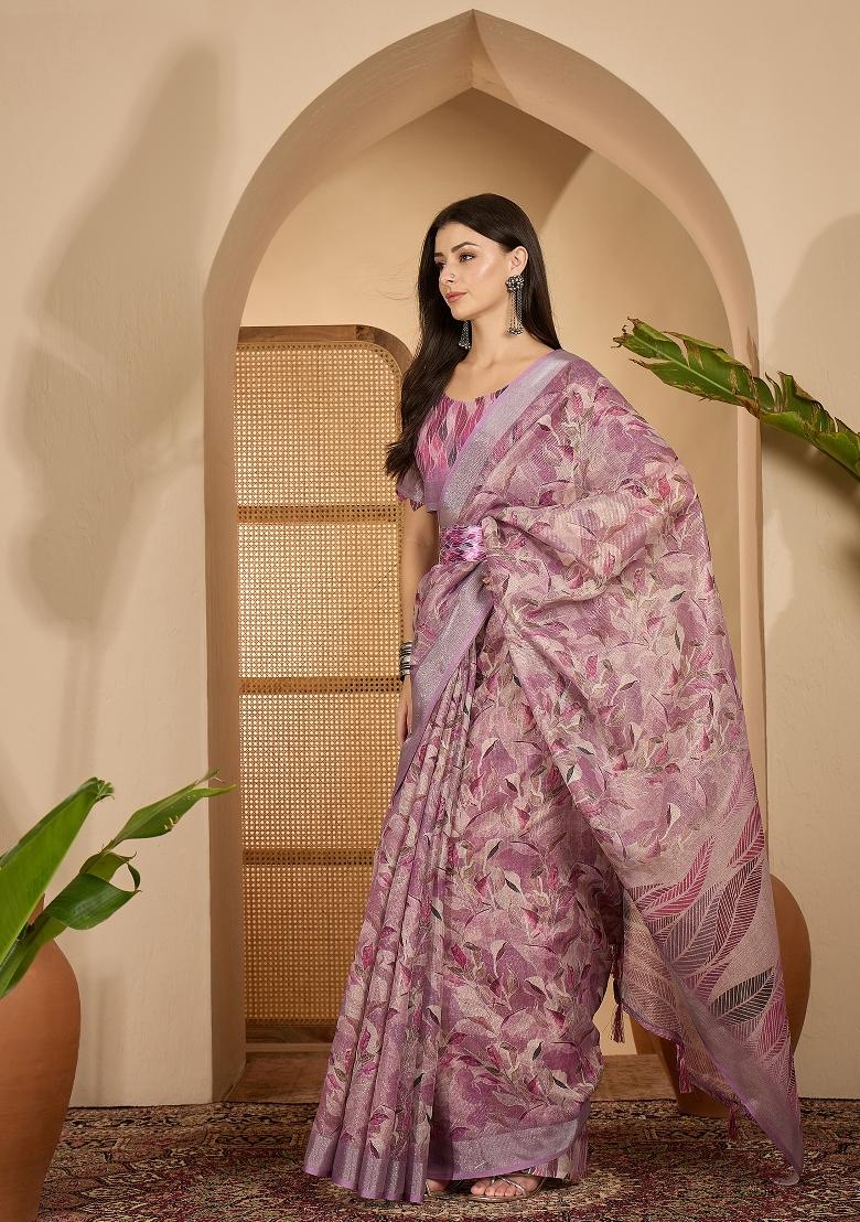 Lavender Printed Linen Saree Set - Indya