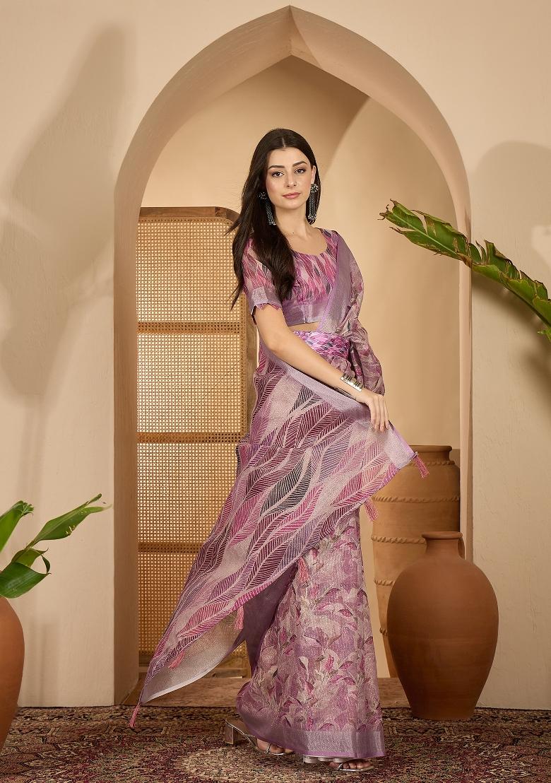 Lavender Printed Linen Saree Set - Indya