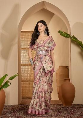 Beige Printed Linen Saree Set