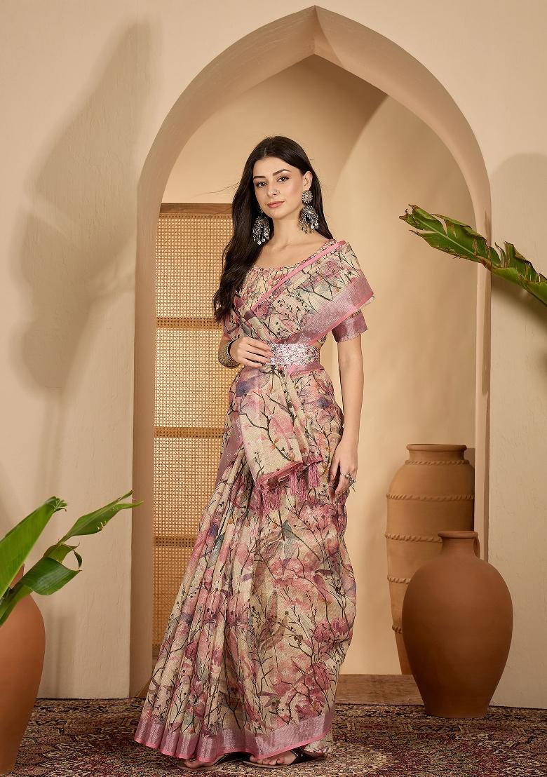Beige Printed Linen Saree Set - Indya