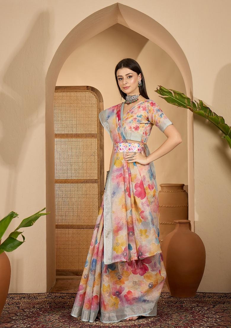 Multicolor Printed Linen Saree Set - Indya