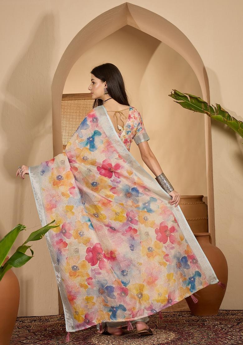 Multicolor Printed Linen Saree Set - Indya