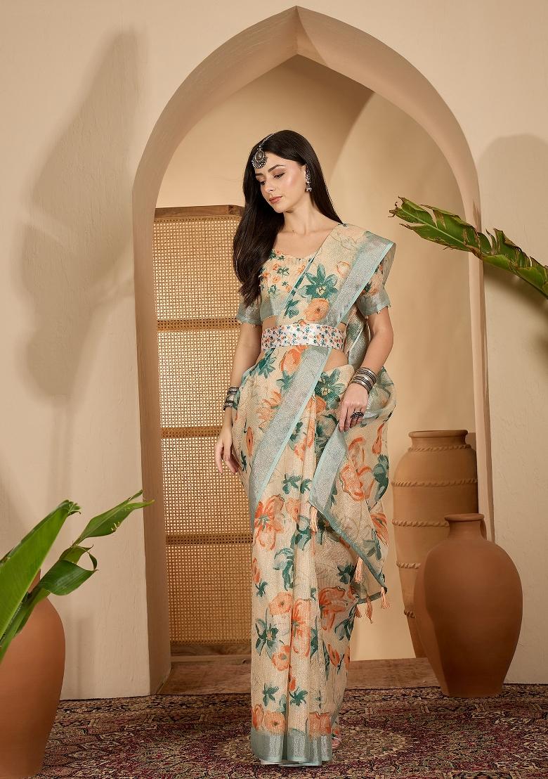 Beige Printed Linen Saree Set - Indya