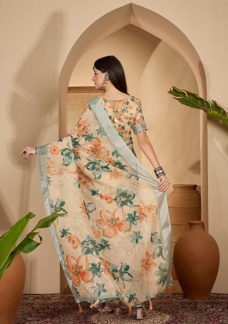 Beige Printed Linen Saree Set - Indya