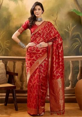 Red Applique Banarasi Saree Set