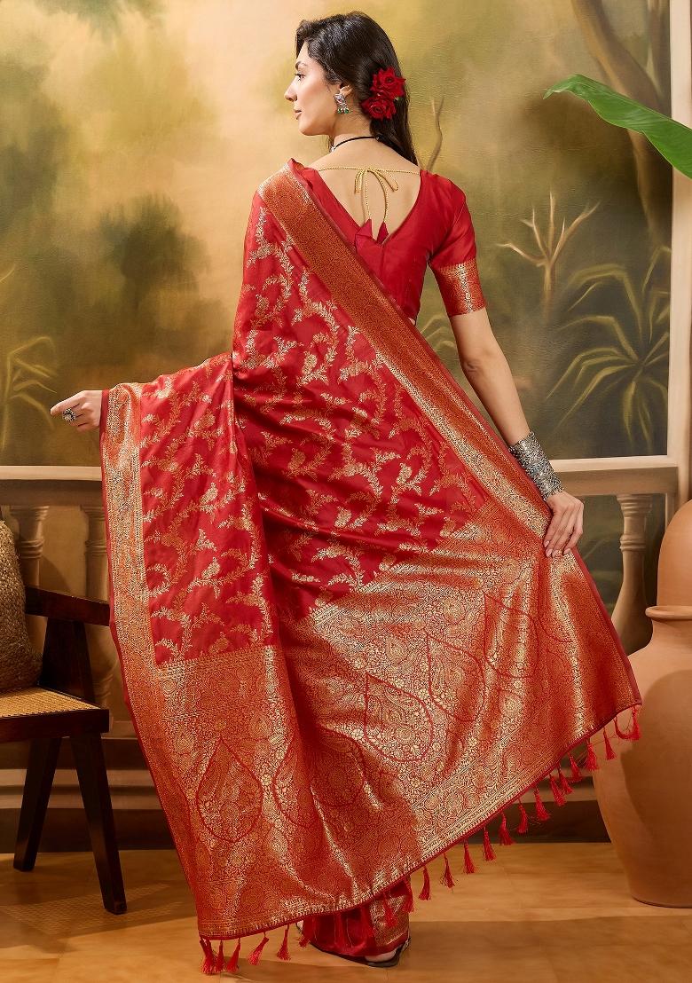 Red Applique Banarasi Saree Set - Indya