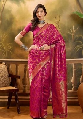 Pink Applique Banarasi Saree Set