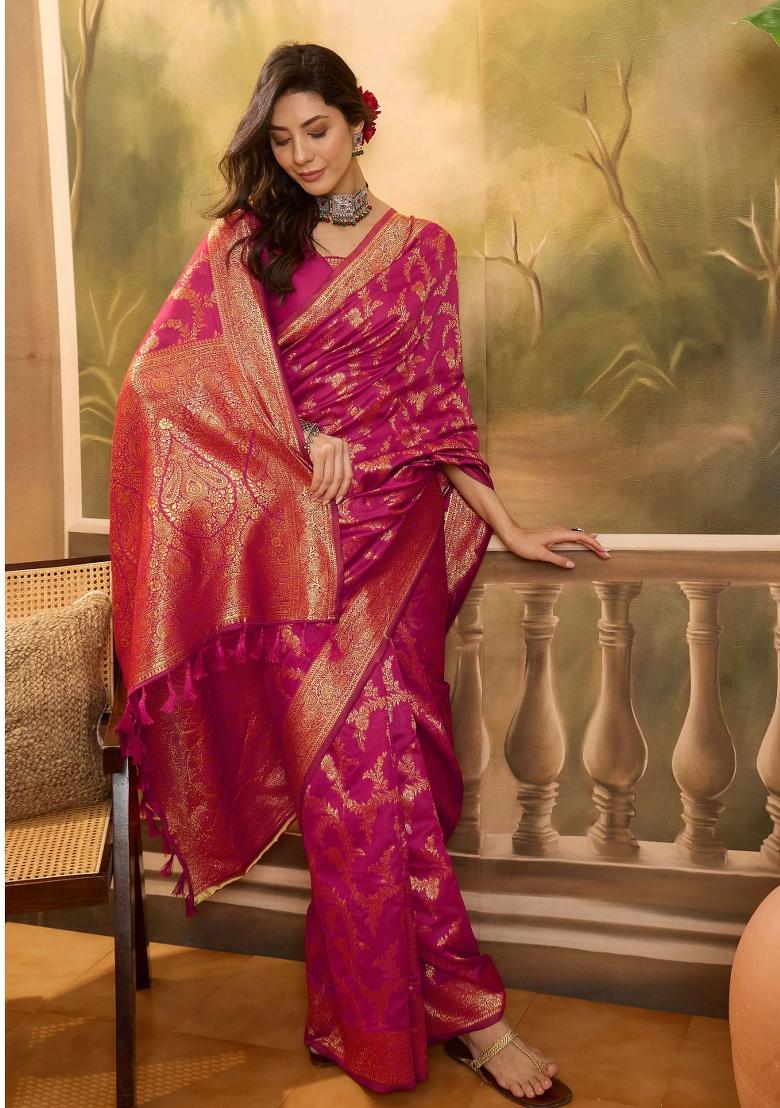 Pink Applique Banarasi Saree Set - Indya