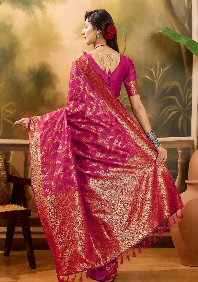 Pink Applique Banarasi Saree Set - Indya