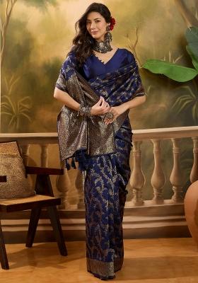 Navy Blue Applique Banarasi Saree Set