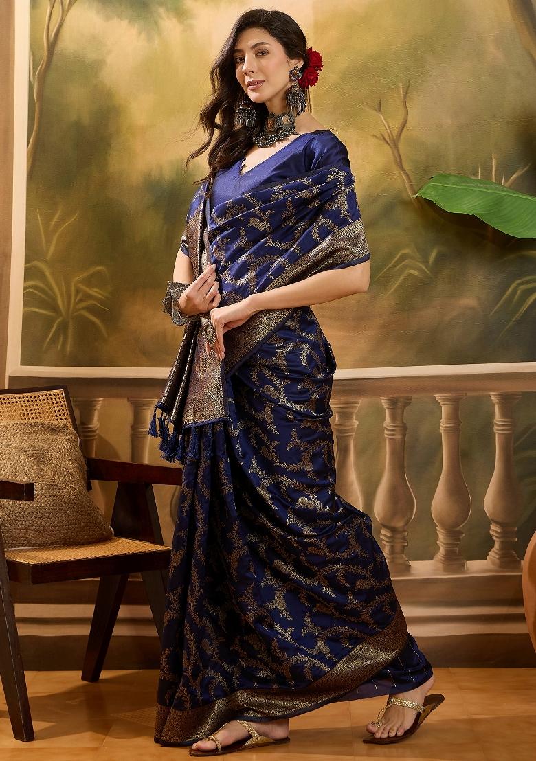 Navy Blue Applique Banarasi Saree Set - Indya