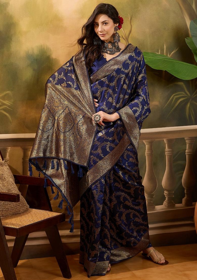 Navy Blue Applique Banarasi Saree Set - Indya