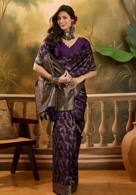 Wine Applique Banarasi Saree Set