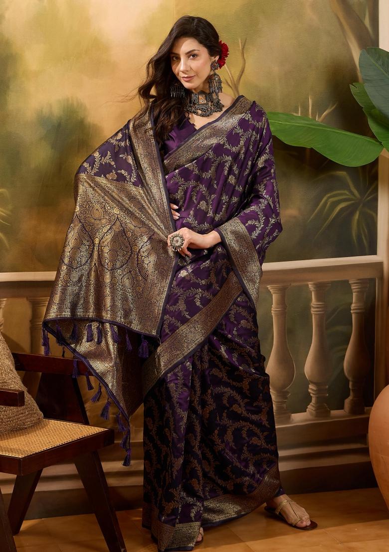 Wine Applique Banarasi Saree Set - Indya