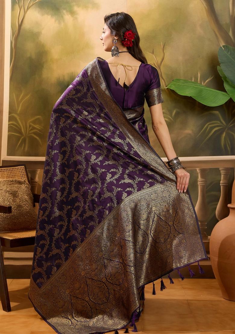 Wine Applique Banarasi Saree Set - Indya