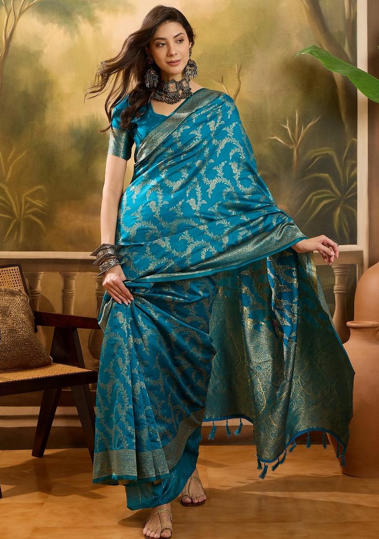 Firozi Applique Banarasi Saree Set - Indya