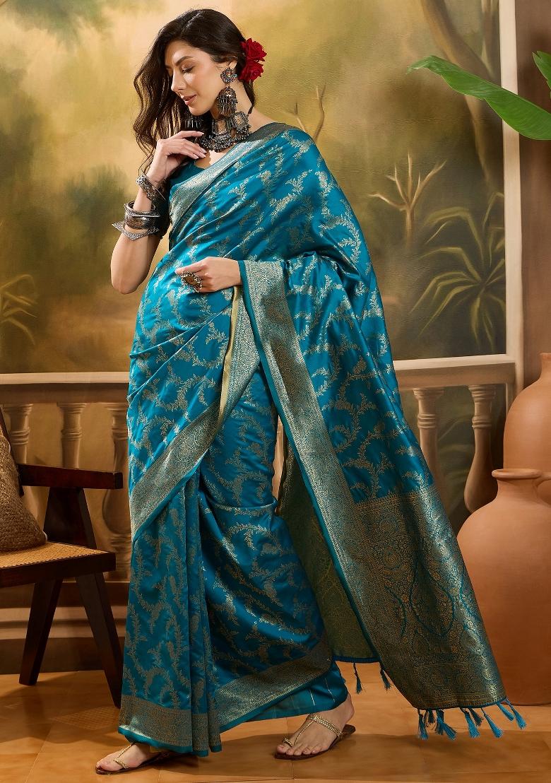 Firozi Applique Banarasi Saree Set - Indya