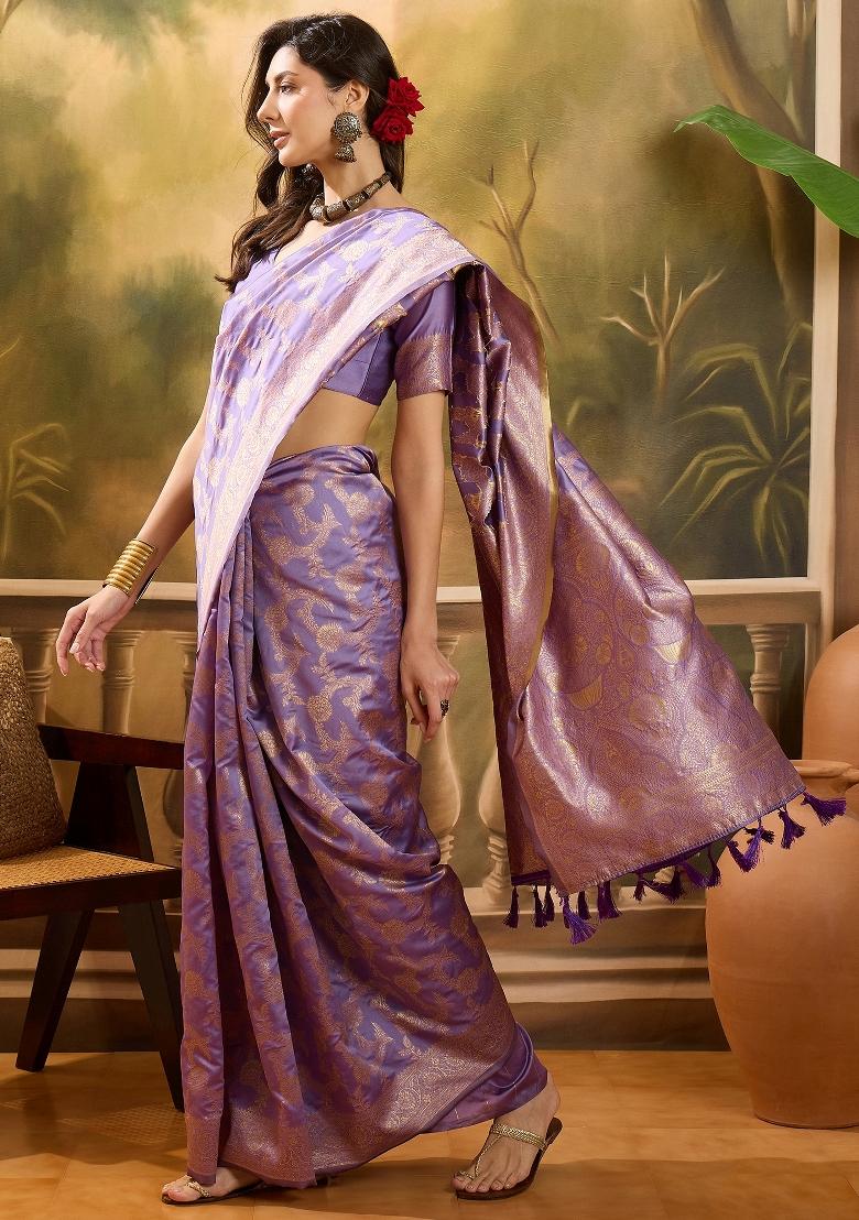 Lavender Applique Banarasi Saree Set - Indya