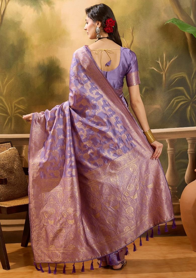 Lavender Applique Banarasi Saree Set - Indya
