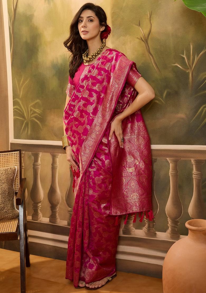 Pink Applique Banarasi Saree Set - Indya