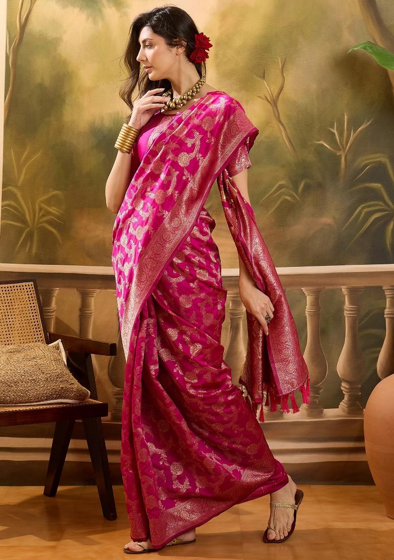 Pink Applique Banarasi Saree Set - Indya