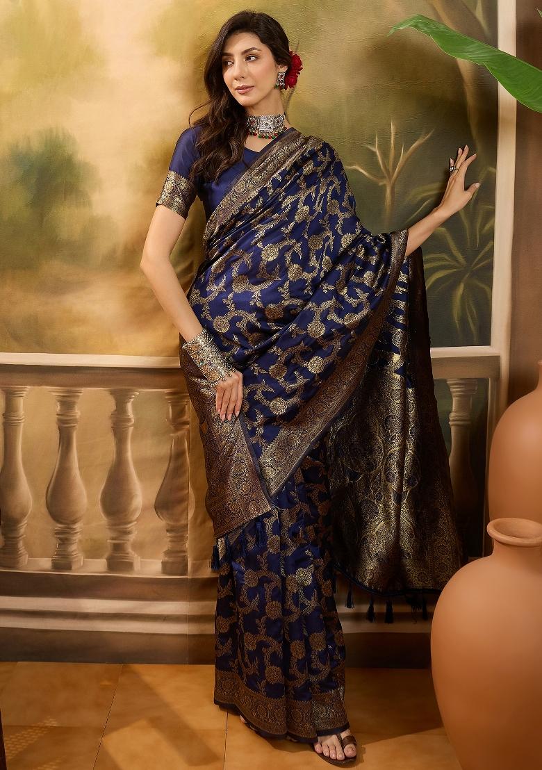 Navy Blue Applique Banarasi Saree Set - Indya