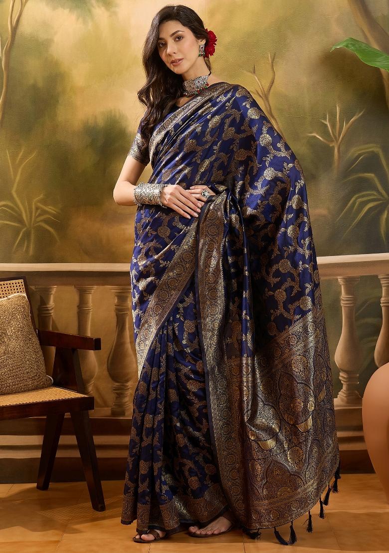 Navy Blue Applique Banarasi Saree Set - Indya