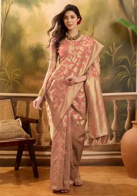 Peach Applique Banarasi Saree Set