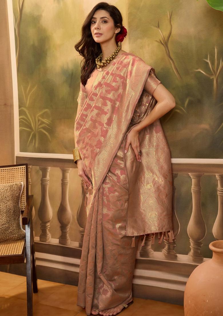 Peach Applique Banarasi Saree Set - Indya