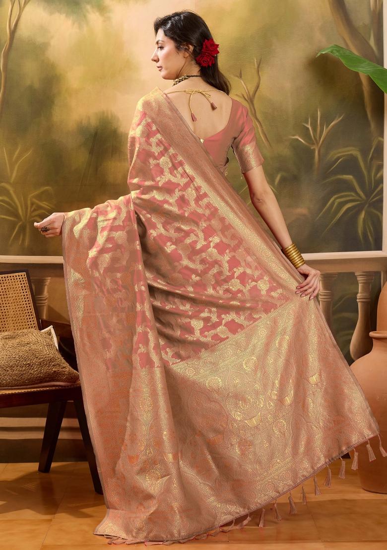 Peach Applique Banarasi Saree Set - Indya