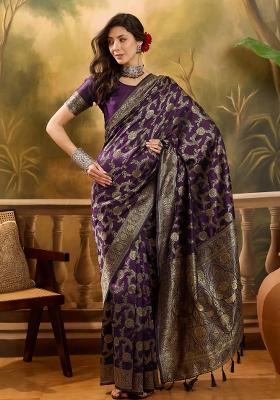 Wine Applique Banarasi Saree Set