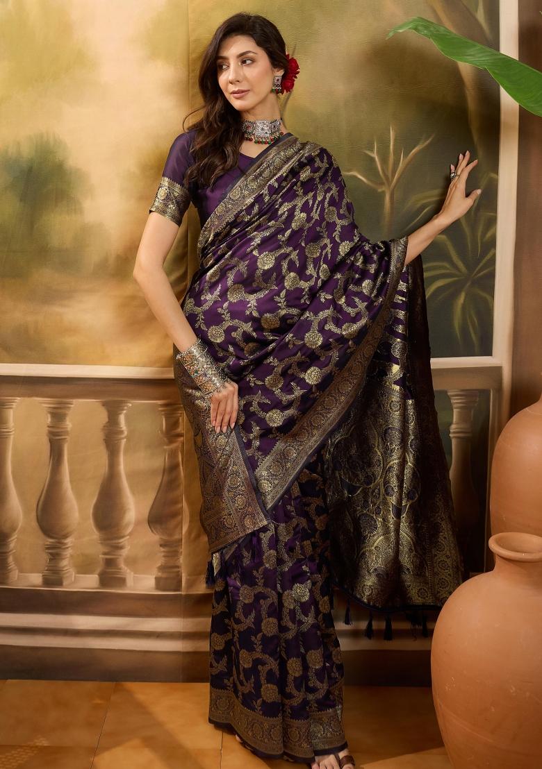 Wine Applique Banarasi Saree Set - Indya