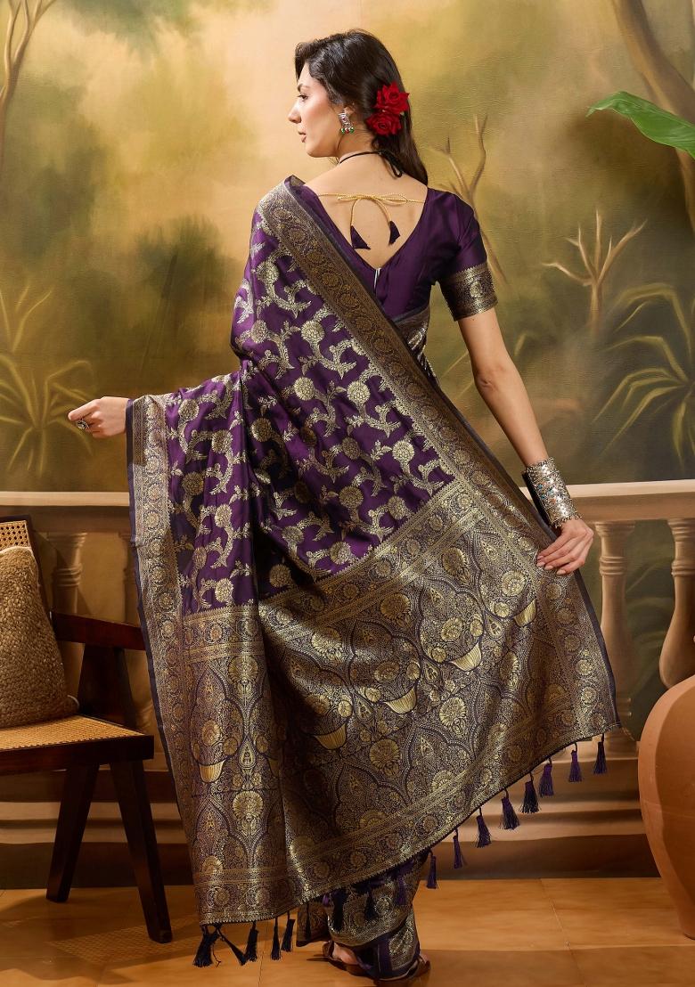 Wine Applique Banarasi Saree Set - Indya