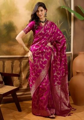 Magenta Applique Banarasi Saree Set